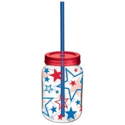 Patriotic Mason Cup W/ Straw